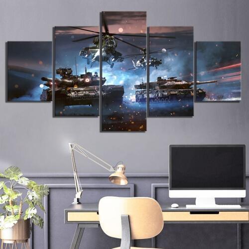 5 Piece HD Picture Battlefield 5 Video Game Poster Wall Sticker Aircraft and Tanks Military Poster Canvas Paintings Wall Art