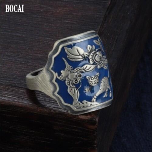 BOCAI New Solid S925 Sterling Silver Jewelry Burnt Blue Wide Face 2021 Trendy Retro Cute Kitten Square Ring