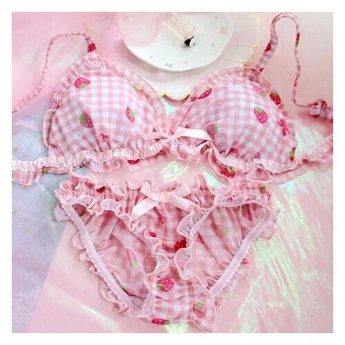 Lolita Womens Cute Strawberry Print Bra & Panties Lingerie Set Japanese Girl Bras Briefs Underwear Set Women Bra and Panty Set