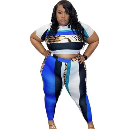 Summer Plus Size Women Clothing Two Piece Set 4xl Fashion Round Collar Tops Print Casual Style Pant Suits Wholesale Dropshipping