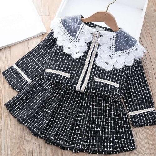 Sweet Autumn Girl 2pcs Plaided Princess Clothes Set Baby Lace Cardigan Coat+Pleated Skirt Kids Children Fashion Suit ADK375