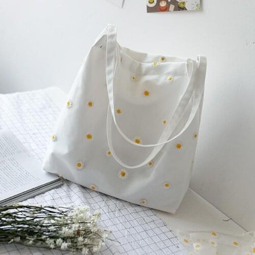 Mini Shoulder Bags for Womens Female Shopper Bag Niche Designers Handbag Cute Embroidery Bag with Daisies Small Canvas Tote Bag