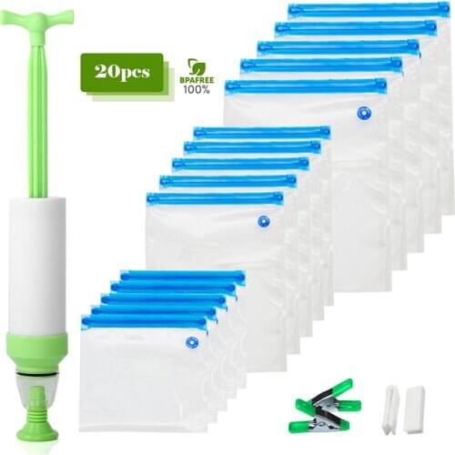 17/20pcs Reusable Vacuum Bags Food Storage Seal Bag with Hand Pump and Sealing Clips for Food Fruit Storage Freezing Dropship