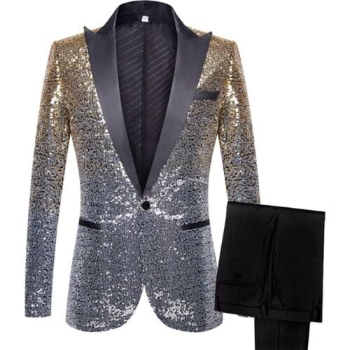 Luxury Mens Blazers Stage Party DJ Performance Suit Jackets Blazer+Pants Wedding Costume Homme Gradient Sequin Men Clothing