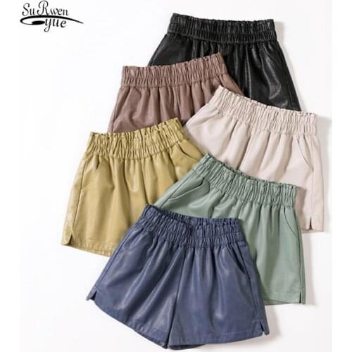 Autumn 2021 PU Leather Shorts Women Elastic High Waist Wide Leg Biker Shorts Plus Size Femme Casual Ladies Shorts Black 15096