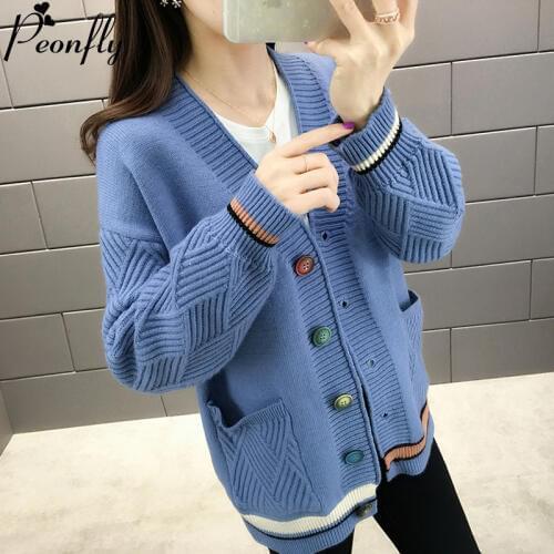 PEONFLY New 2019 Autumn Winter Casual Cardigan For Women Korean Long Sleeve Knitted Sweater Cardigan Knitted Jacket Women