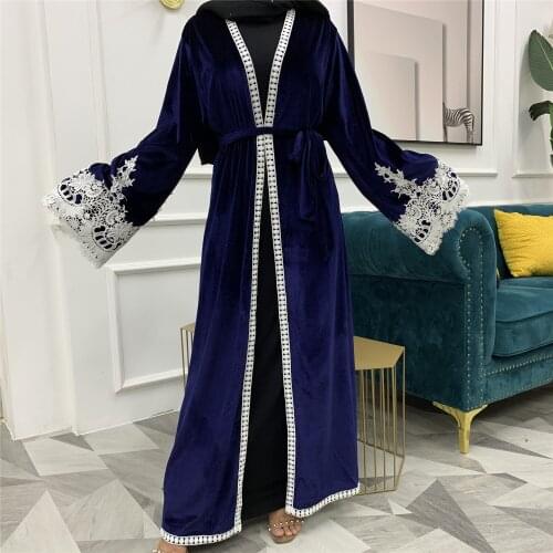 Aligaia Fashion Spliced Lace Cardigan Robe Dress For Women 2021 Summer New Dubai Kaftan Turkey Hijab Muslim Dress Islam Clothing