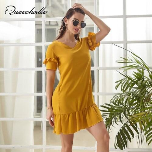 Yellow Wine red Color Chiffon Dress Summer 2021 Women V neck Short Sleeve Casual Mini Dress Sweet Ruffles Loose Dress Vestidos