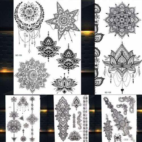 REJASKI Moon Fake Jewelry Star Lace Henna Temporary Tattoo For Women Lotus Sticker Mehndi Custom Tattoo Large Fake Tatoos Flower