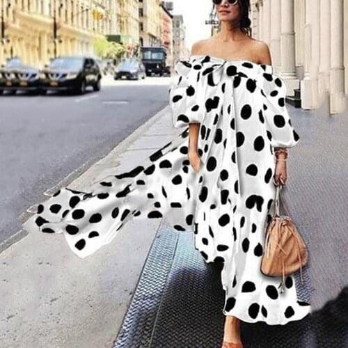 Sexy Slash Neck Big Dot Dress Women Autumn Summer Long Maxi Dresses Vintage Casual Loose Dress Bohemian Beach Vestidos De Mulher