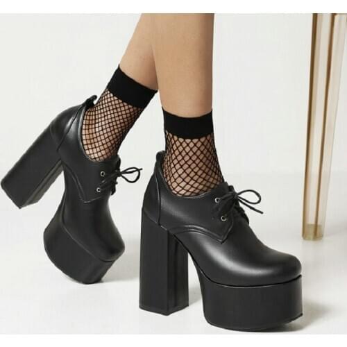 ZawsThia Lace-Up Office Lady Dress Pumps Punk Goth Black Yellow Platform Block High Heels Street Stiletto Women Shoes Size 35-46