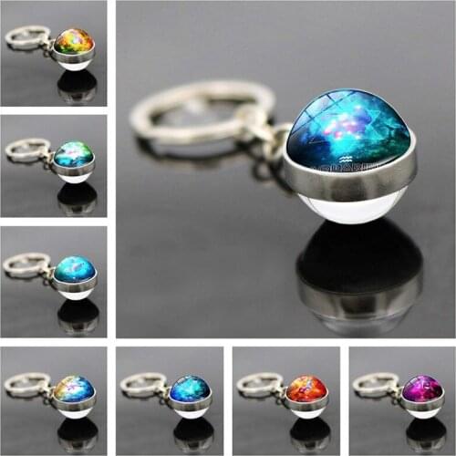 WG 1pc Twelve Constellation Time Gem&stone Keychain Keyring Pendant Double sided Glass Ball Cabochon Keychain Jewelry For Female