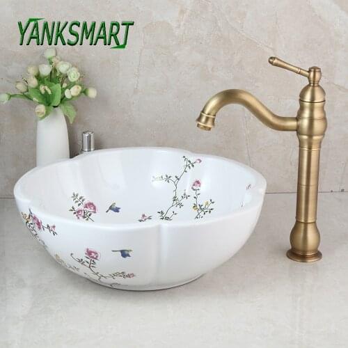 YANKSMART Art Ceramic Basin Flower Bird Washbasin Bathroom Sink Set Rotated Antique Brass Faucet Basin Mixer Tap Pop Up Drain