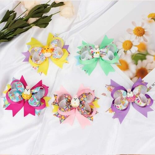 Ncmama 4.5" Easter Day Hair Clips for Girls Kids Handmade Swallowtail Stack Rabbit Hair Bows Hairpins Fashion Hair Accessories
