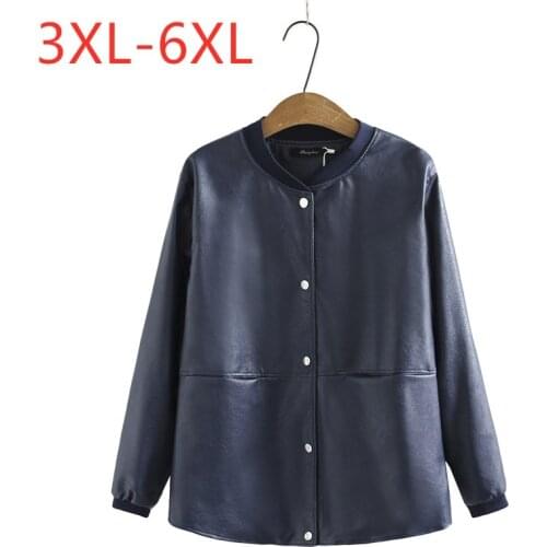 New Ladies 2021 Autumn Winter Plus Size Jacket For Women Large Long Sleeve Loose Blue PU Leather Button Coat 3XL 4XL 5XL 6XL