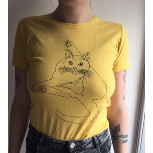 Harajuku Summer Women Shirt Women Cartoon Cat Print Round Neck Loose Tops Short-sleeved Casual Blouse