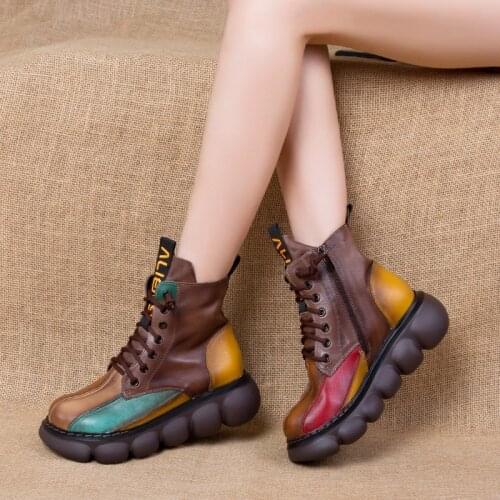 Autumn Winter Women Platform Ankle Boots Fashion Mixed Colors Leather Splicing Short Boots Female Comfortable Chunky Booties