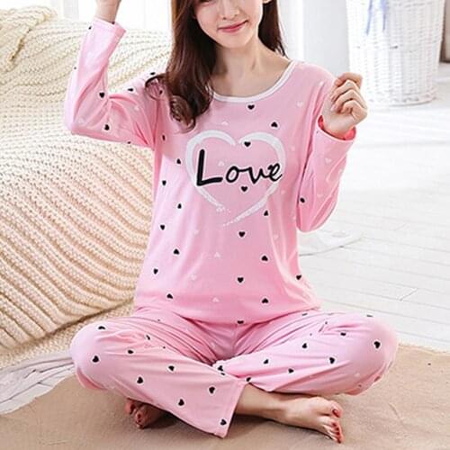 Women Casual Pajamas Sets Pink O Neck Strawberry Heart Print Top Long Pant Thin Sleepwear Set Spring Autumn Home Suit