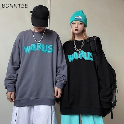 No Hat Hoodies Women O-neck Letters Plus Velvet Korean Style High Street Couple Punk Cool Unisex Basic Warm Loose Leisure Chic