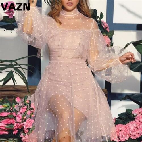 VAZN 2021 New Plus Size Sexy Club Young Lace Sweet Designer Turtleneck Full Sleeve Women High Waist Thin A-line Mini Dress