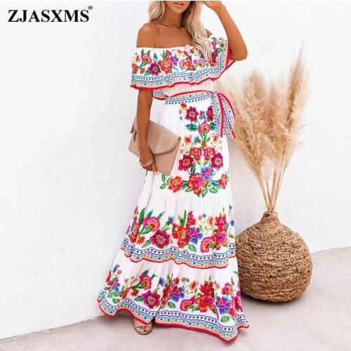 Boho Dress 2021 Women Off Shoulder Safflower Print Sexy Long Big Swing Dress Spring Summer Slash Neck Ruffles Maxi Beach Dresses