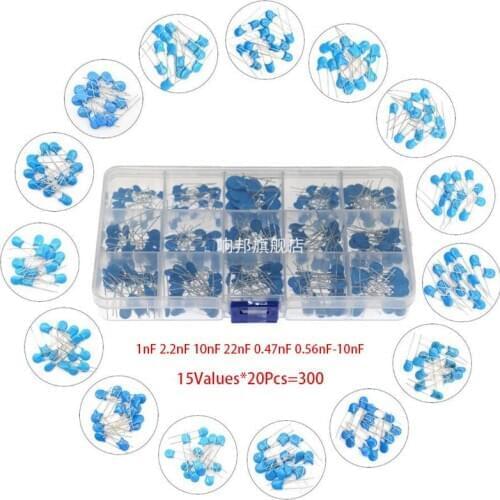15Values*20Pcs Capacitor Set High Voltage Ceramic Capacitors Assortment Assorted Kit Box 1nF 2.2nF 10nF 22nF 0.47nF 0.56nF-10nF