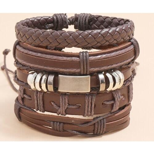 5pcs/Set Multilayer Brown Leather Braided Men Bracelet Handmade Rope Bangles Fashion Jewlery for Women Wristbands Male Gift