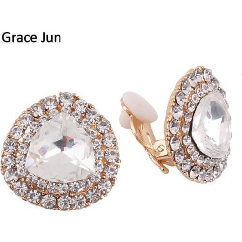 Grace Jun New Arrival Big Austria Crystal Clip on Earrings No Pierced for Women Party Wedding Charm No Hole Ear Clip Bijouterie