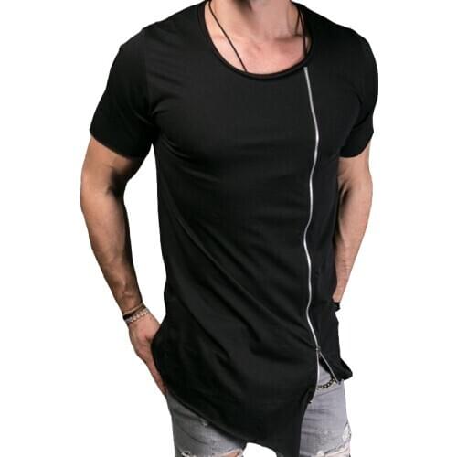 Mens Chest Zipper High Street Short Sleeve Hip Hop T-shirt with Irregular Bottom in Spring and Summer Solid Color Summer Top