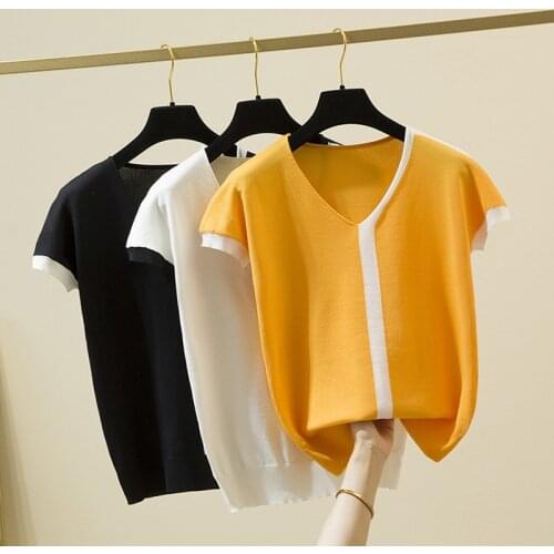 Camisetas Mujer 2021 Thin Knitted T Shirt Women Short Sleeve Summer Tops Woman Clothes Striped Korean T-Shirt Tee Shirt Femme