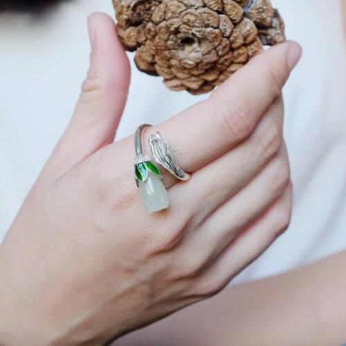 L&P Elegant Natural Jade Gemstone Magnolia Rings Pure 925 Sterling Silver Ring For Women Handmade Fine Jewelry Wholesale Gift