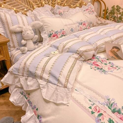 Korean Bedding Set Four-piece Set of Pure Cotton Bed 100 Cotton Small Fresh Floral Princess Wind Bedding Lace Sheets Duvet Cover