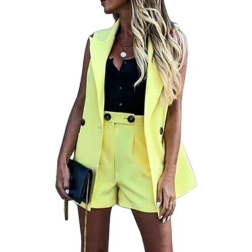 Ladies Suit Set Solid Color Wide Leg Spring Summer Lapel Buttons Vest Pockets Shorts Lapel Buttons Vest Pockets Shorts Set
