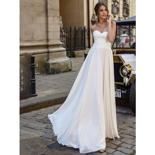 Strapless Lace Chiffon Outdoor Boho Beach Wedding Dress 2021 Corset Sequins Long Sweetheart Off White Custom Made Bridal Gowns