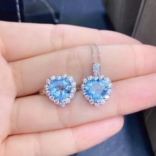 Love Heart 100% Natural and Real Blue Topaz jewelry set Natural Real Topaz 925 sterling silver 1pc pendant,1pc ring
