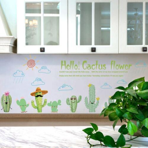 Cartoon Cactus Flowers Wall Stickers Cabinet Window Glass Decor Wall Mural Poster Art Cloud Sun Rain Wall Decals Quote Graphic