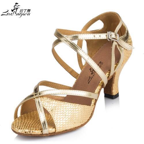 Ladingwu 2018 New Snake texture PU Ballroom Party Performance Soft Bottom Dance Shoes Golden/Blue/Red Latin Dance Shoes
