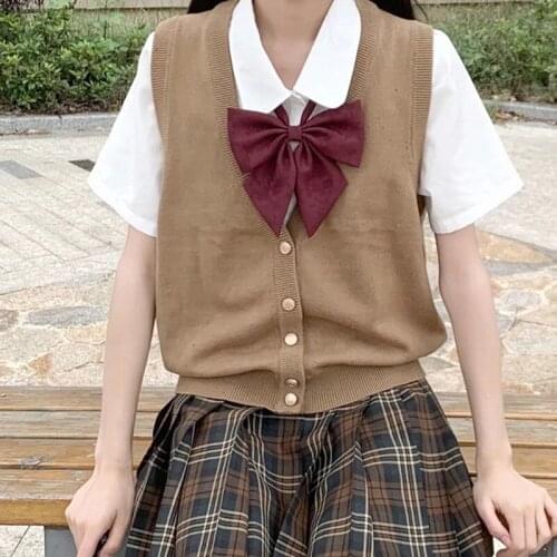 Japanese Style Autumn Knitted Cardigans Preppy Style Sleeveless Solid V-neck Single-breasted Sweater Vest Female Knitwear Top