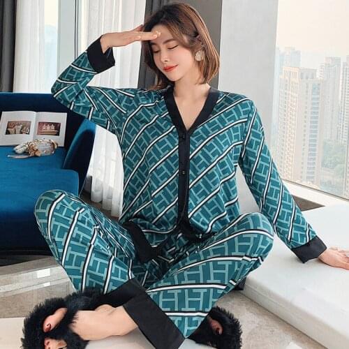 Pajamas Womens Spring and Summer Satin Ice Silk Casual Home Wear Long-sleeved Cardigan Cool Silk Printed Plus Size Pajamas Set