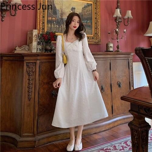 French Women Fashion Pearl White Holiday Party Dress Puff Sleeve Retro Square Collar A Line Dress High Waist Fairy Midi Dress
