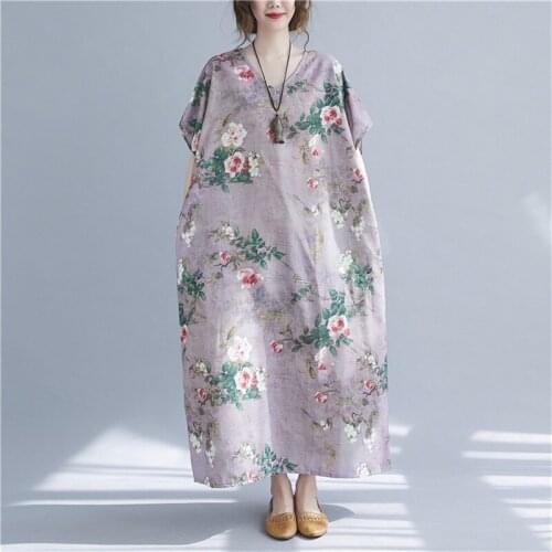 Large Size Summer Floral Dresses For Women Oversized Ladies Cotton Linen Long Casual Dress Robe Vintage Boho Beach Dress Mujer
