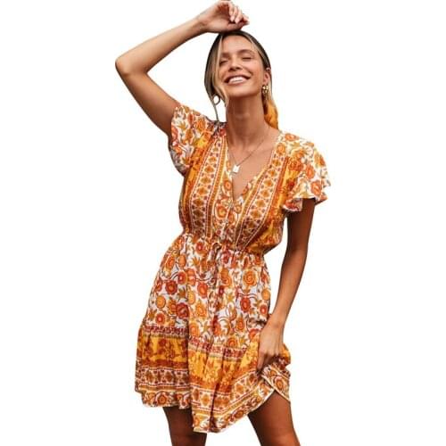 Summer Bohemian Women Dress Floral Print Beach Midi Dress Sexy for Vacation Short Sleeve Loose Party Dresses