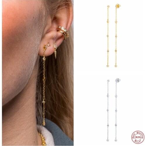 Aide 925 Sterling Silver Gold Long Chain Tassel Star Charm Dangle Earrings For Women Cubic Zirconia Drop Earrings Party Jewelry