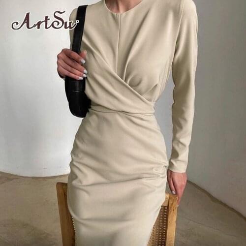 Artsu Solid Women Long Sleeve Midi Dress Back Slit Cross O Neck Elegant Bodycon Slim Sexy Party Spring Summer Club 42463