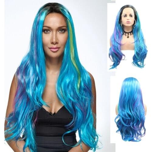 Blue Yellow Pink Purple Synthetic Wig for Women Long Wavy Lace Front Colorful Wig with Dark Roots Heat Fiber Rainbow Wig 24 Inch