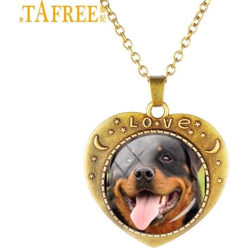 TAFREE Retro Heart Shape Animal Pendant Necklaces Antique Bronze Plating Pet Dog Glass Dome Chains Necklace Gifts Jewelry DG36