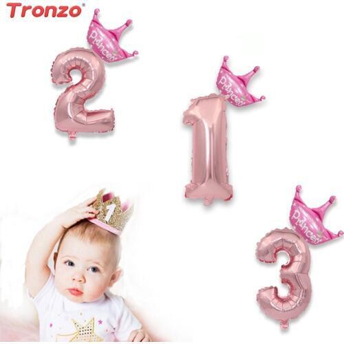 Tronzo Number Balloons Foil Crown Baby Shower 16/32inch Pink Gold Number Balloon For Birthday Party Decorations Balloons