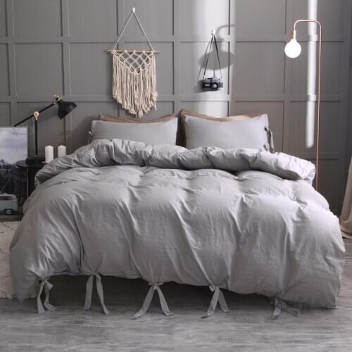 High-End Soft Gray Duvet Covers Set Queen King Size Wahsed Cotton Comforter Cover Set Luxury Strap Duvet Cover