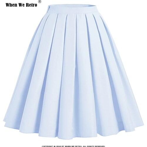 2021 High Waist Rockabilly Pleated Skirts Womens VD1998 Summer Blue Vintage Midi Skirt
