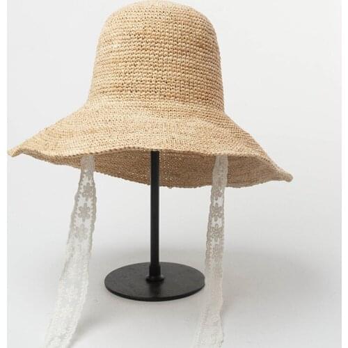 Summer Handmade Raffia Straw Hats For Women White Lace Long Ribbon Causal Beach Lady Bucket Cap Holiday Beach Luxury Sun Hat